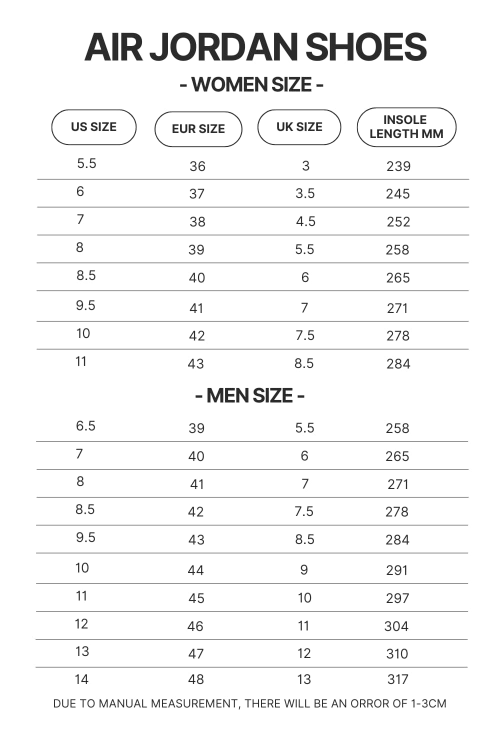 Air Jordan Shoes Size Chart 1 - My Dress-Up Darling Merch